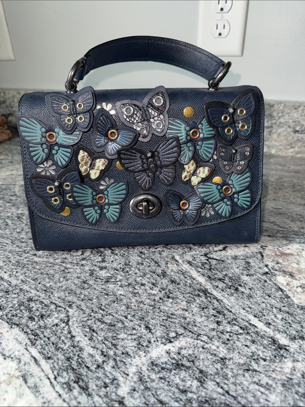 Coach Navy Top-Handle Satchel with Teal & Cream Butterfly Appliqués - Picture 7 of 7